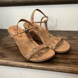 STYLE & Co Orange Floral Print with Double Brown Corded Strap Low Wedge …